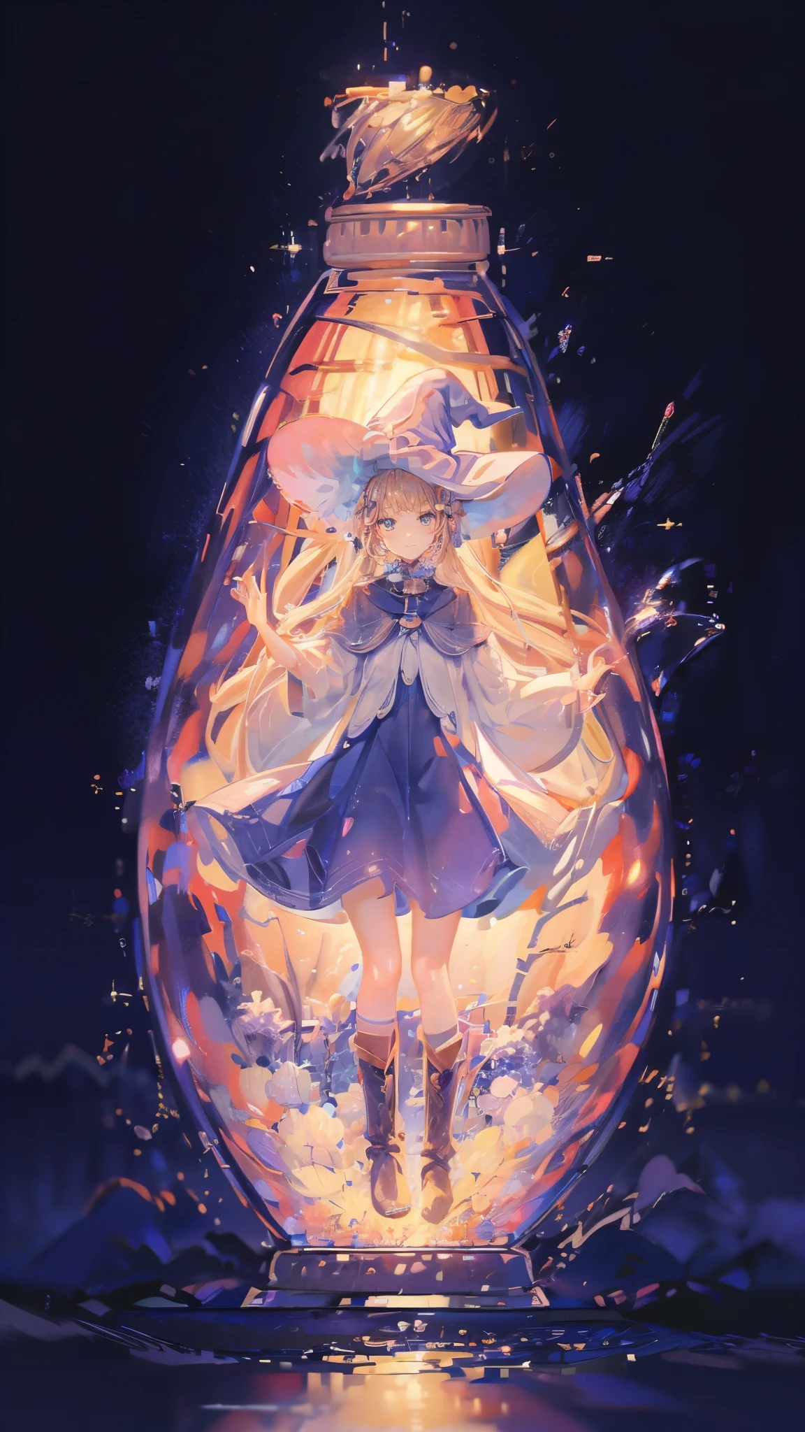 ((magic使いの女の子:1.5)), Full body photography,Perfect Face, Beautiful Face, Highly detailed face,(Long Hair:1.3),(Witch Hat:1.3),(Girl In A Bottle:1.4)、boots,Witch's broom,magicの杖,book of magic,Night Sky,たくさんのstar,Shine,smile,Light,magic,moonLight,starの粒,star々,moon,流れstar、Sparkling