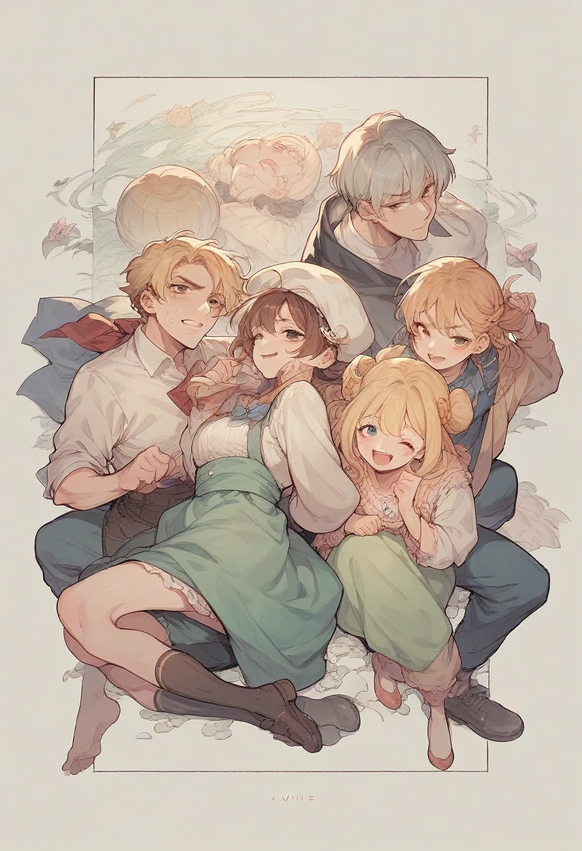 Un joven pelirrojo guapo y musculoso, hugged by a very pretty blonde girl with people behind them looking at them happily