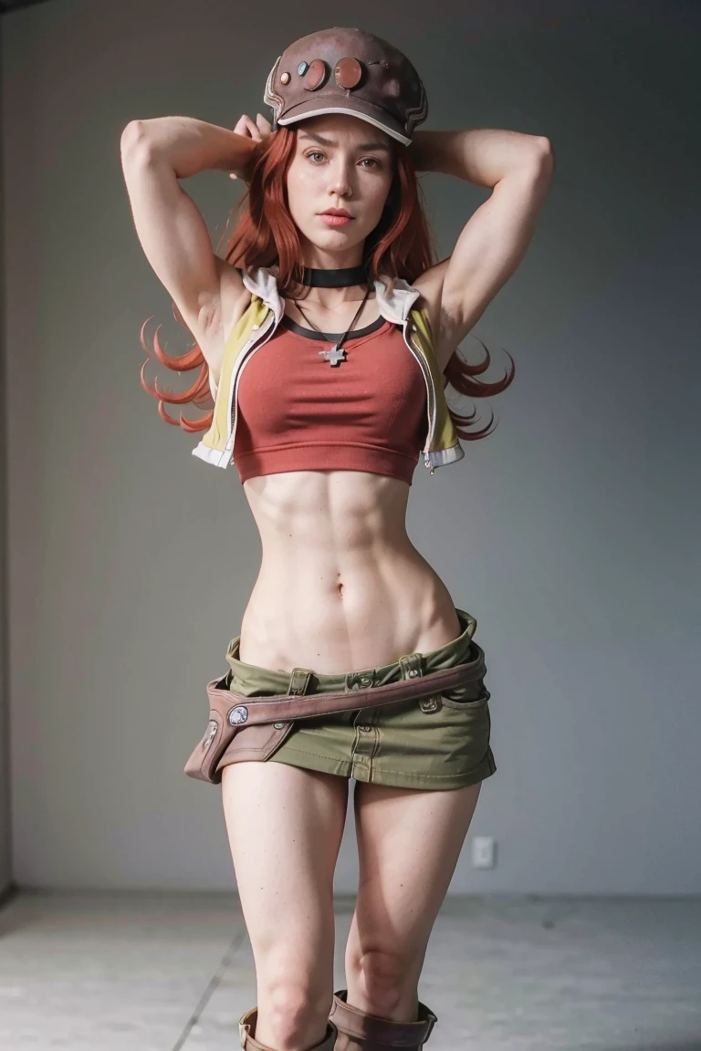 Low view perspective, redhaired girl as a superheroine, straight redhaired, bangs, skirt,  super powerful, pink eyes, midriff, riding boots, white socks, toned arms, toned abs, tall and sexy, powerful, superb face, perfect body, tall, happy, smug, large chest, choker collar, 20yo, toned abs, evil smirk, hat