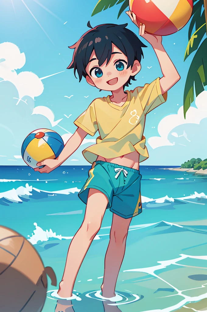 (Highest quality), (Super detailed), Beautiful Boy、Charm、Young Man、Shota、More than one person、Playing in the sea、Swim trunks、smile、Beach ball、