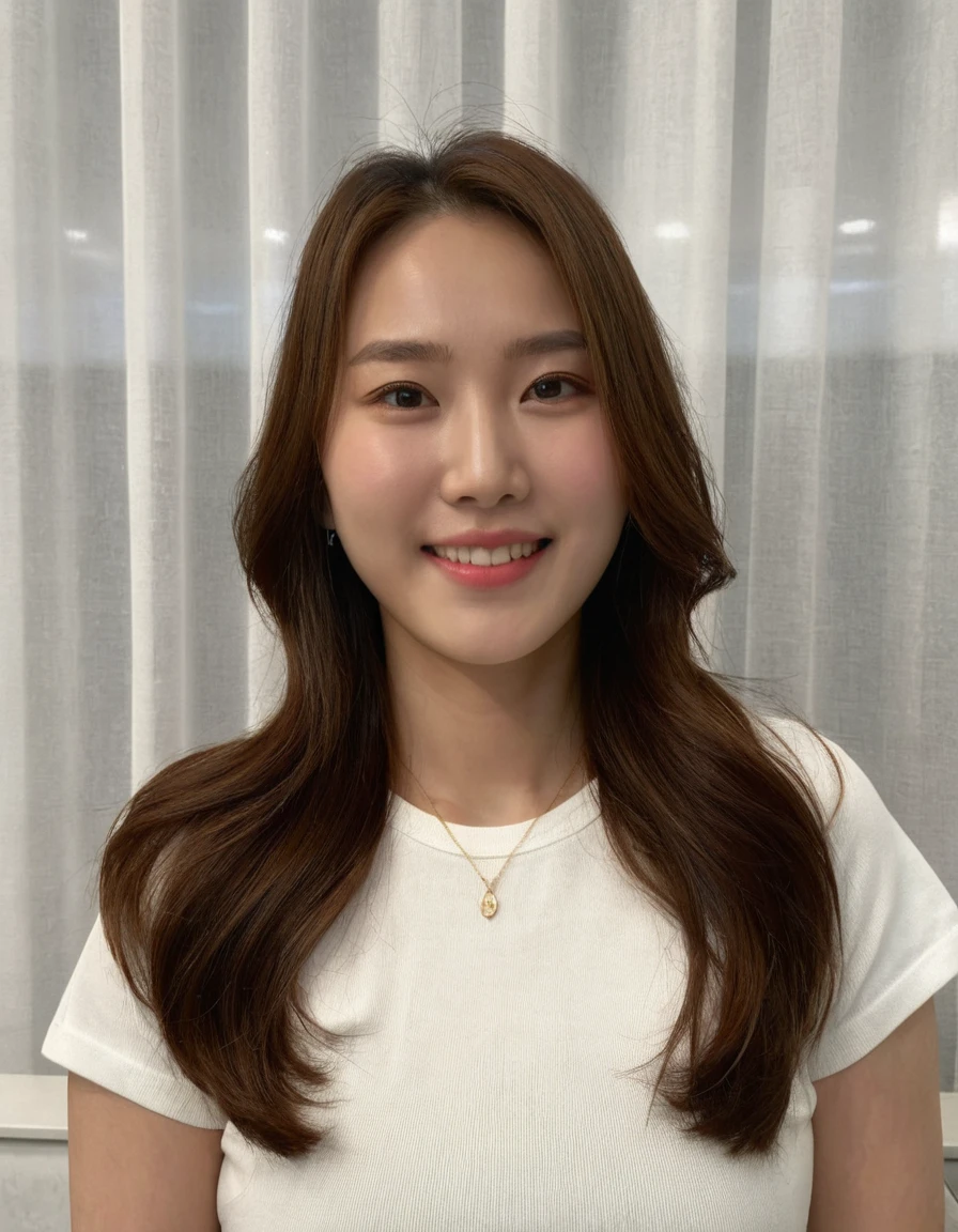 Best Quality, 8k, Masterpiece, (Portrait: 1.3), (photo realistic:1.4), (hyper realistic:1.4), Sharp Focus, looking at viewer, (smoother lighting:1.1), (increase cinematic lighting quality:0.9), realistic lighting, backlighting, light on face, ray trace, (brightening light:1.2), (Increase quality:1.4), sharp detail, (best quality real texture skin:1.4), finely detailed eyes, black_eyes, finely detailed face, 25 year old Korean woman, (white shirt:1.4), (Create an image maintaining the original base model hairstyle:1.5)