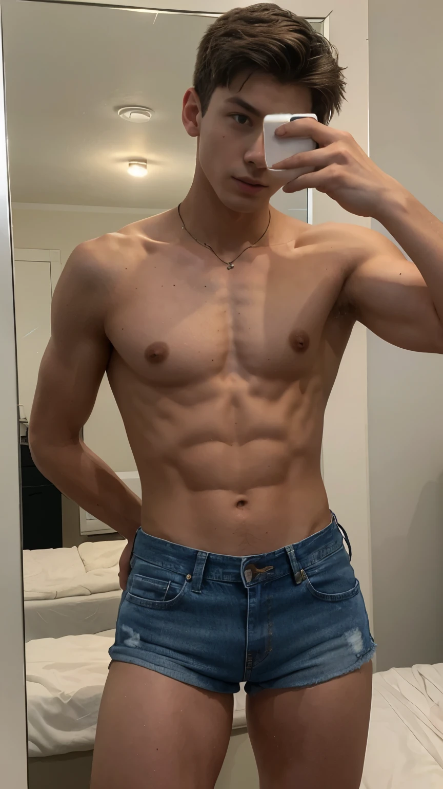 there is a man taking a photo in the mirror, slim photo, 18 years old, perfect body, shirtless, 1 6 years old, by :5 sexy: 7, with abs, tommy 1 6 years old, the extremely hot and sexy, 2 2 years old, cut half body, very tight denim shorts, 21 years old, 2 3 years old