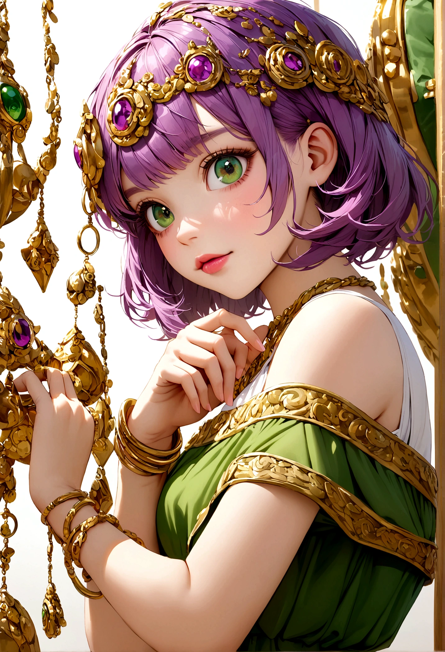 Purple pink short hair girl, Dark green eyes, Purple off-the-shoulder dress, White T-shirt underneath, Wearing a lot of gold bracelets, Green handbag, Crafty Face