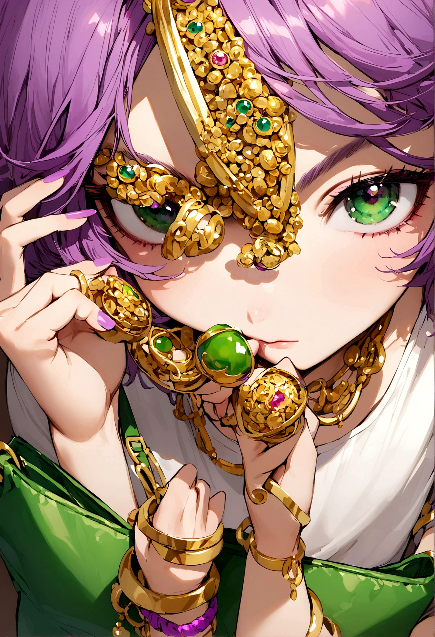 Purple pink short hair girl, Dark green eyes, Purple off-the-shoulder dress, White T-shirt underneath, Wearing a lot of gold bracelets, Green handbag, Crafty Face
