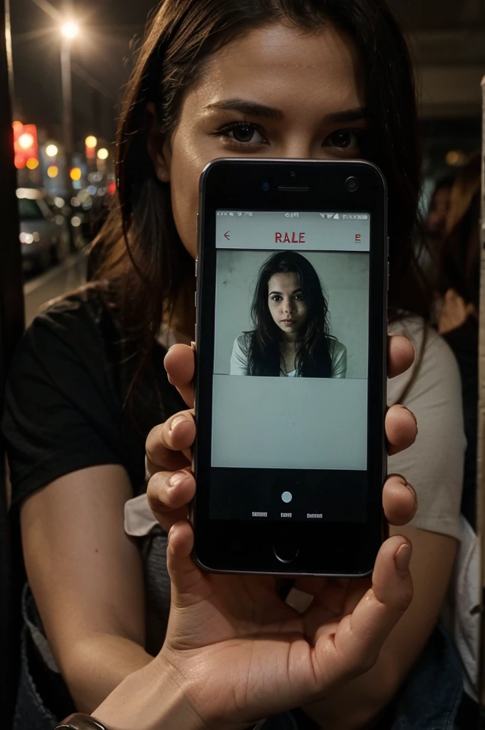 The cellphone that is being held shows a picture of a website with a horror theme. On the website there are photos of 7 people along with their data.