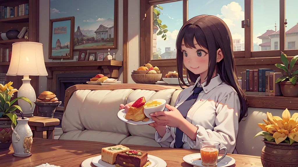 8k, {best quality}, {very aesthetic}, {ultra-detailed}, {best illustration}, high school girl, An exquisite living room bathed in the morning sun, {breakfast},　{A big smile},　Eat deliciously, comical,