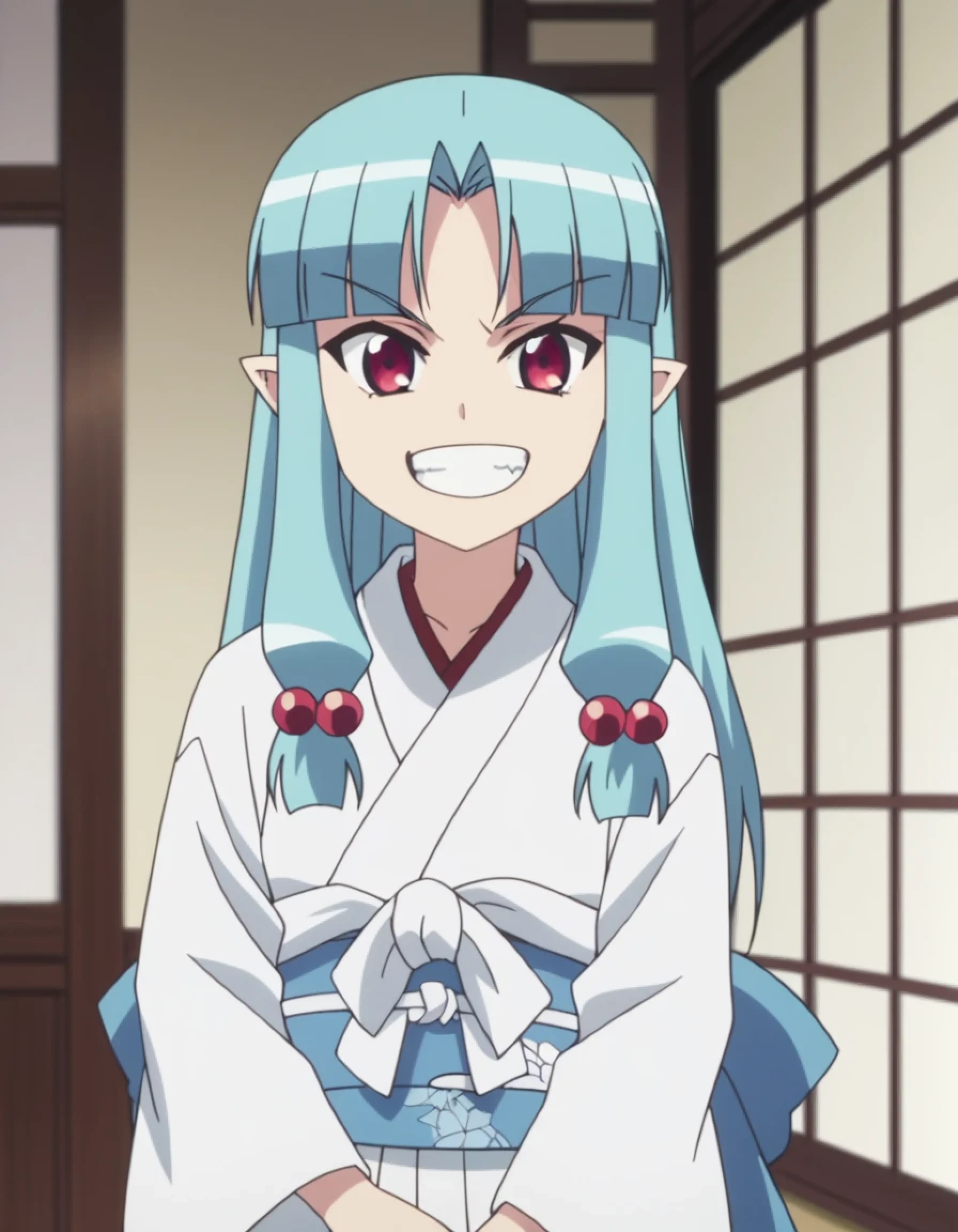 score_9, score_8_up, score_7_up, score_6_up, score_5_up, score_4_up , anime coloring ,BREAK source_anime, anime,screencap,
1girl, solo, tsugokiriha, japanese clothes, sash, obi, hair bobbles, white kimono,
indoors, nighttime, upper body, smile, grin,