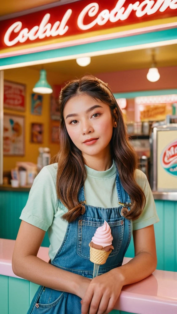 Portrait MagMix Girl look at camera, long hair, Overalls, Retro ice cream parlor with pastel-colored walls, a classic soda fountain counter, and vintage ice cream posters, bathed in warm sunlight, analog film photo, Kodachrome.