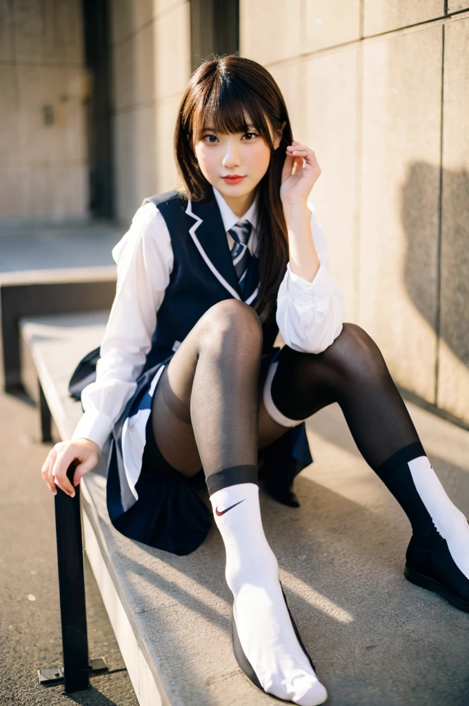 (masterpiece:1.3), (8K, Photorealsitic, Raw photography, Top image quality: 1.4), Classy elite girl sitting on a park bench, Phenomenally cute face、wearing japanese , Wear ultra-realistic pantyhose、japanese girl , Japan , wearing headmistress uniform, White thigh-high socks with the Nike Young Pretty Gravure Idol, photograph taken in 2 0 24、dressed as , Wearing , White thigh-high socks with the Nike Wearing a strict business suit, Young skinny gravure idol, Seifuku、Full-length and black stockings, pantyhose tights, Complete legs, 19-year-old girl, 1 8 I, Posing in theオルチャン-6500-v1.1, (RAW Photos:1.2), (Photorealistic), (Genuine:1.4), (Pieces fly), A woman with a calm face wearing a checked vest., Large bust body type、(Ultra-realistic black short socks:1.2), Yoshitomo Nara, , Japanese Goddess, Sexy Girl, Otaku-like appearance, Sexy gaze wearing black socks, ((Full Body Shot:1.16))、Change clothes in the locker room、Ultra-realistic skin texture、Shiny skin、Exposed thighs with beautiful socks!!! White thigh-high socks with the Nike Posing in bed, wearing in White thigh-high socks with the Nike
