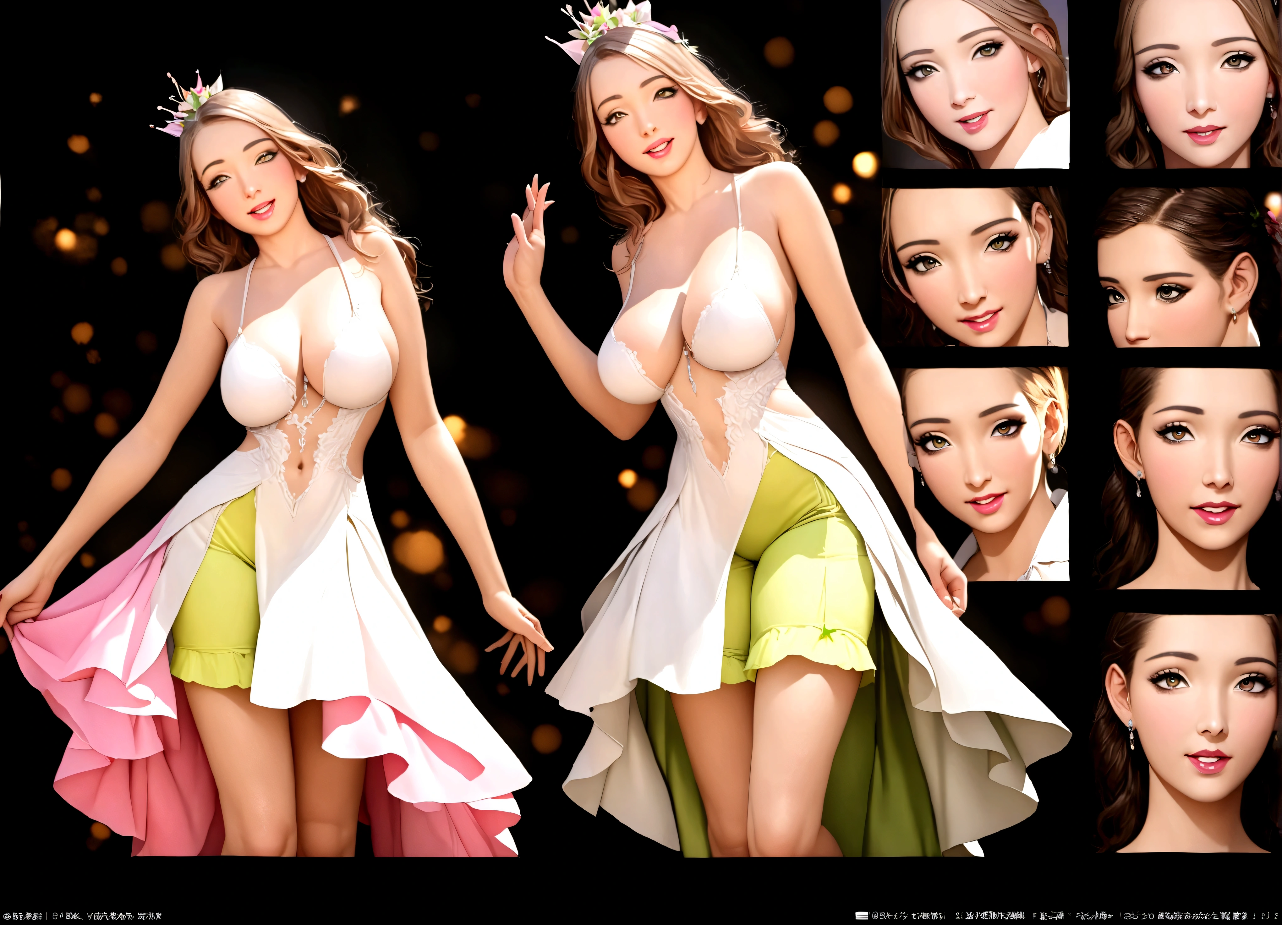 A lovely woman, beautiful detailed eyes, beautiful detailed lips, extremely detailed face, long eyelashes, sheer shimmering over exposed evening dress, dancing, enjoying herself, gala, bright flowers, fairyland, (best quality,4k,8k,highres,masterpiece:1.2),ultra-detailed,(realistic,photorealistic,photo-realistic:1.37),HDR,UHD,studio lighting,extreme detail description,professional,vivid colors,bokeh,concept art