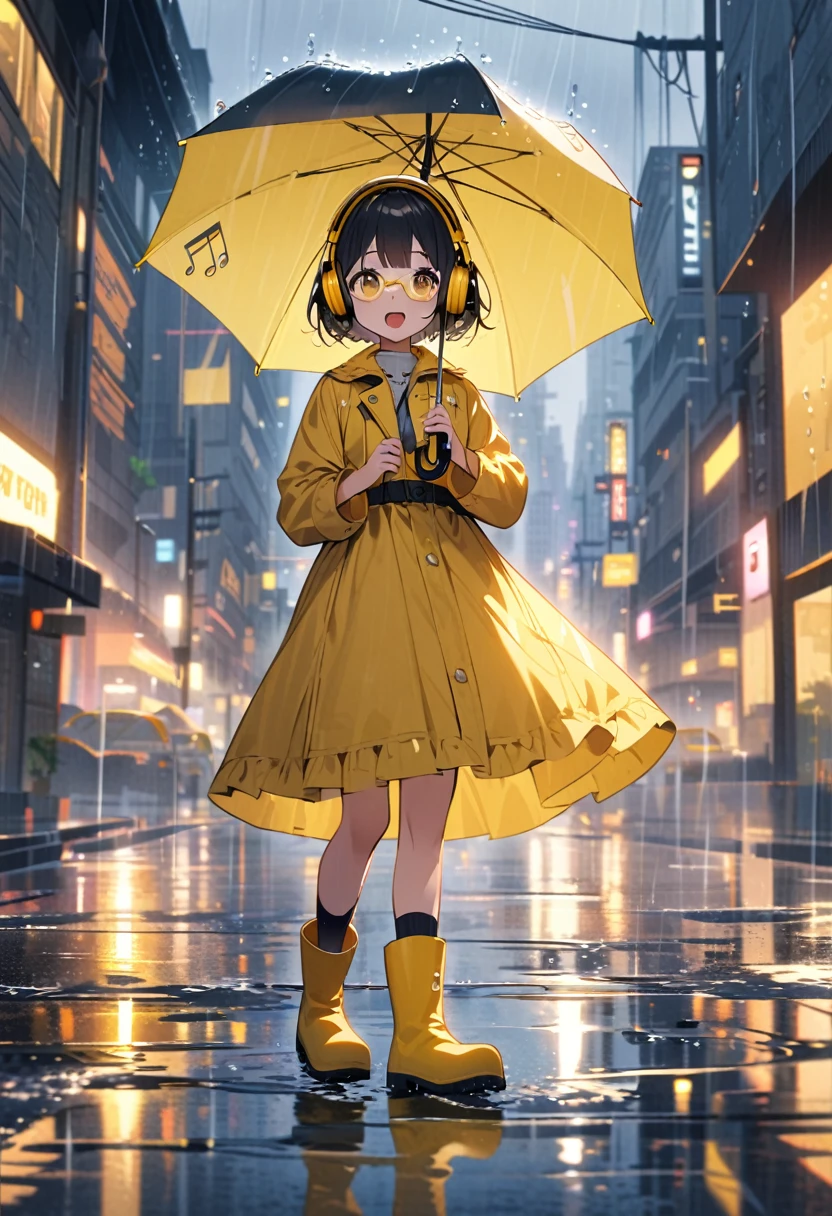 (extremely detailed fine touch:1.3),absurdres, highres,BREAK kawaii girl holding umbrella and singing song, rainy day, musical notes, Rainy cityscape, open mouth, (super very short hair:1.3), (yellow glasses:1.3), underrim_metal, headphones, rain boots, water reflection,