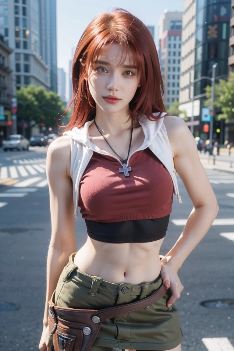 redhaired girl as a superheroine, straight redhaired, bangs, skirt,  super powerful, pink eyes, midriff, riding boots, white socks, toned arms, toned abs, tall and sexy, powerful, superb face, perfect body, tall, happy, smug, large chest, choker collar, 20yo, toned abs, evil smirk, 20yo