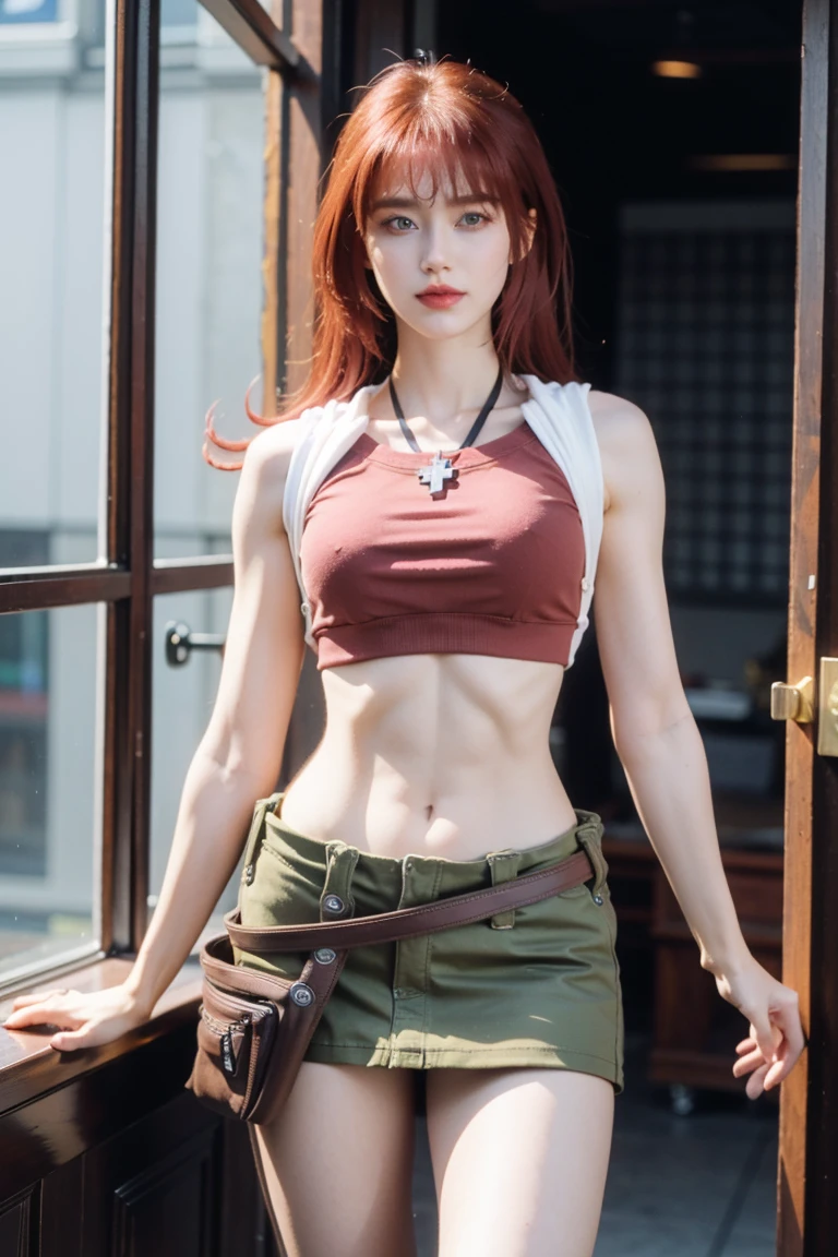 redhaired girl as a superheroine, straight redhaired, bangs, skirt,  super powerful, pink eyes, midriff, riding boots, white socks, toned arms, toned abs, tall and sexy, powerful, superb face, perfect body, tall, happy, smug, large chest, choker collar, 20yo, toned abs, evil smirk, 20yo