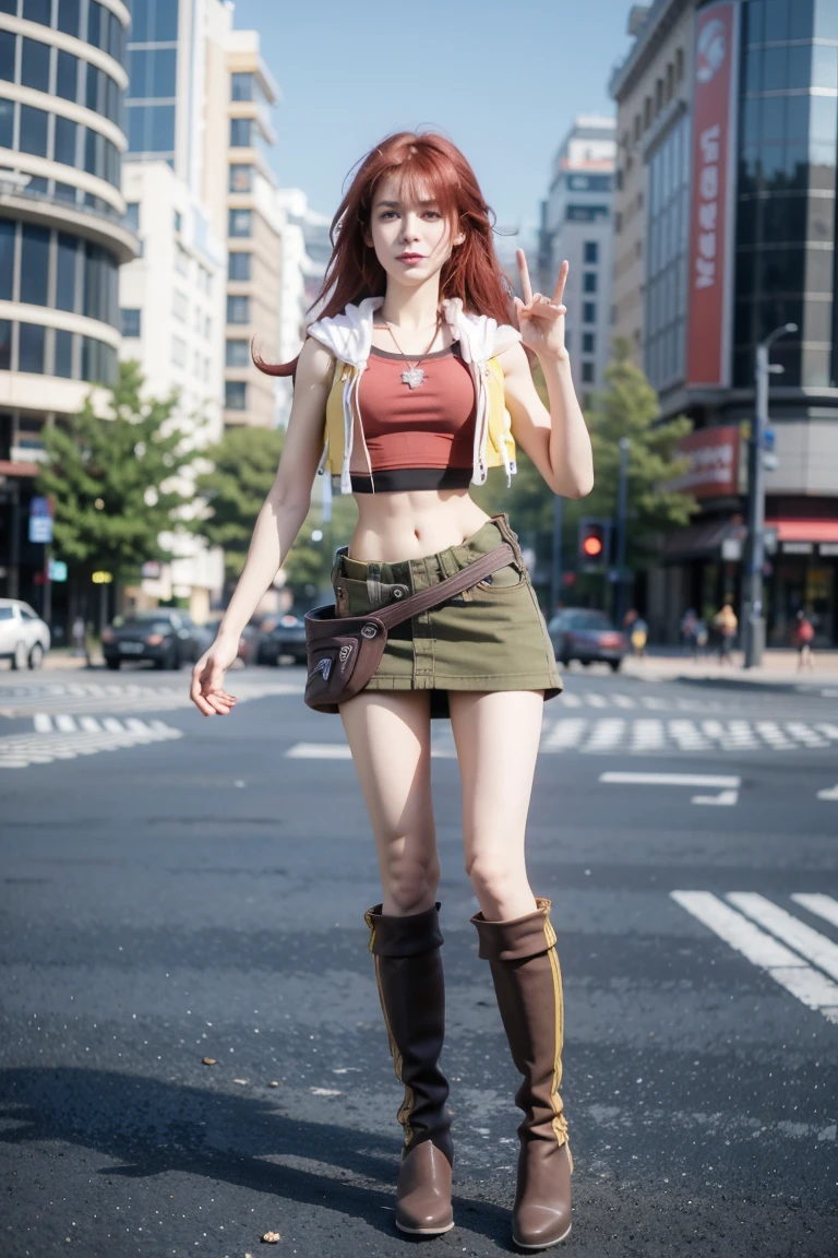 redhaired girl as a superheroine, straight redhaired, bangs, skirt,  super powerful, pink eyes, midriff, riding boots, white socks, toned arms, toned abs, tall and sexy, powerful, superb face, perfect body, tall, happy, smug, large chest, choker collar, 20yo, toned abs, evil smirk, 20yo