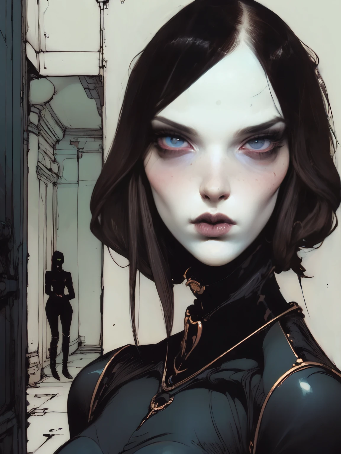 Woman alone, European woman, (((wide hips: 1.5))), 8k, absurd res, ((wide eyes: 1.4)), flawless face, girl with a soft body, (crisp black deco style formal business clothing), 1girl, average body, natural body, ((super wide hips: 1.3)), full body image, 1girls, solo, masterpiece, highly detailed, detailed eyes, expressive detailed eyes, pale skin, wide eyed, detailed pupils, realistic skin , blush, some freckles, realistic skin texture, ((small breasts: 1.3)), blushing, super detailed skin, smooth background, analog style, (chin length hair), ((dark hair: 1.5)), deco cyberpunk setting, (broad fat hips), entire head and body image, ((her entire head and body must be in view: 1.5)), perfect anatomy, anatomically correct, ((pale skin)), ((wearing flat boots: 1.3)), ((zoom out))