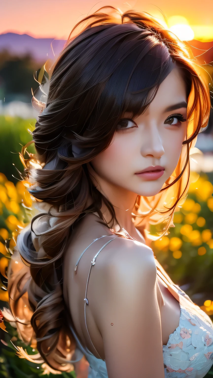 masterpiece, (最high quality), ((Most detailed)), Depth of written boundary, Beautiful girl, Beautiful Face, nature, Spirit, flower, Colorful sunset landscape, Flowers, butterfly, Glowing Dress, element, Random hairstyle,masterpiece, 最high quality, high quality, High resolution, Big Tits, ((Upper body portrait)), Random pose、Upper body portrait