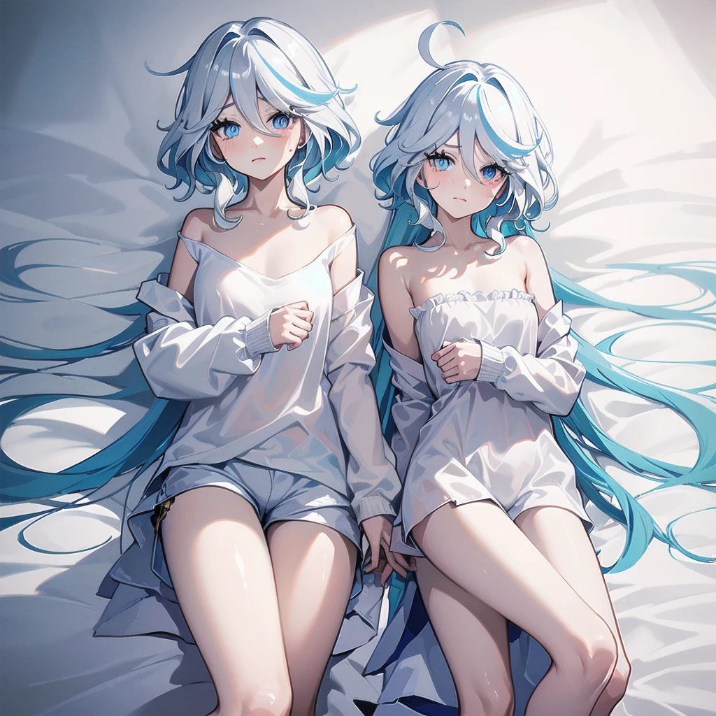 masterpiece, best quality, Delicate face, Heterochromia of the Eyes,Perfect hands, flat chest, HD, best quality, (Looking at the audience, Sleepy), ((1 Girl)),Cowboy shooting,thigh, Forrina,short hair,((Gradient hair)),Colorful eyes, Gradient eyes, (Fashion Makeup), blush, Messy hair, White shirt, Off-shoulder, Nude shirt, No pants, lie, bare arm, shorts, Bare legs, bedroom