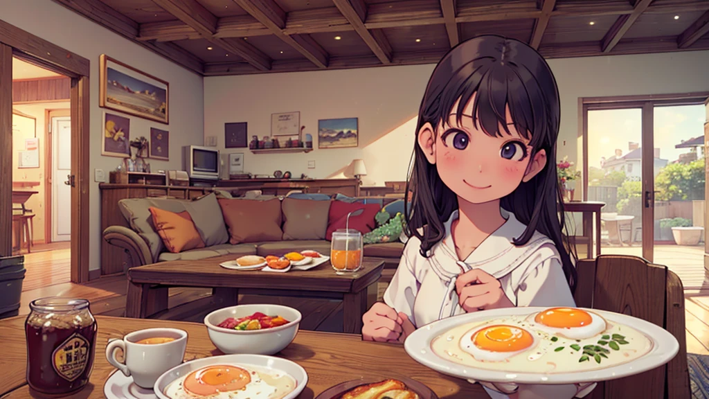8k, {best quality}, {very aesthetic}, {ultra-detailed}, {best illustration}, high school girl, An exquisite living room bathed in the morning sun, {breakfast}, Fried egg, {A big smile}, Eat deliciously, comical,
