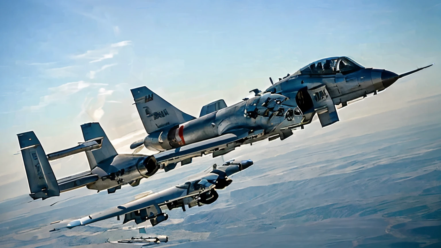 In the foreground, a sleek fighter jet soars through the sky, its metallic frame gleaming in the sunlight. Beside it, another aircraft flies in perfect formation, accentuating the precision and power of the scene. This stunning photograph captures the adrenaline-fueled beauty of aerial maneuvers, with the two planes appearing like graceful predators in their natural element. The sharp lines, vibrant colors, and dynamic composition all contribute to a visually striking and captivating image that immerses the viewer in the thrilling world of aviation.