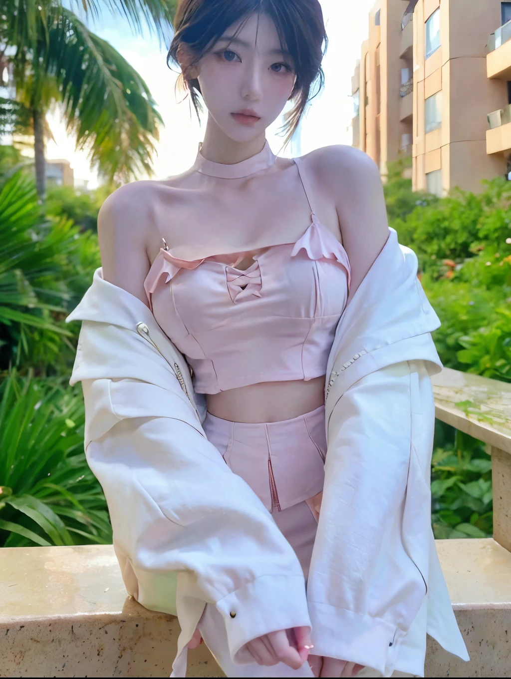Beautiful woman with perfect figure:1.4,Layered hairstyle,White skin,Prominent cleavage,Bikini:1.5,Super short pleated skirt,whole body,Very delicate facial and skin texture,Double eyelids,Skin Whitening,Long white hair