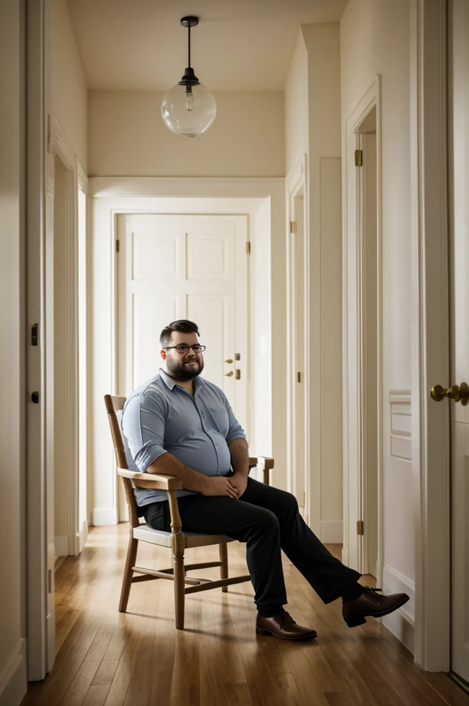 Man sitting in a pale and fat chair in his corridor