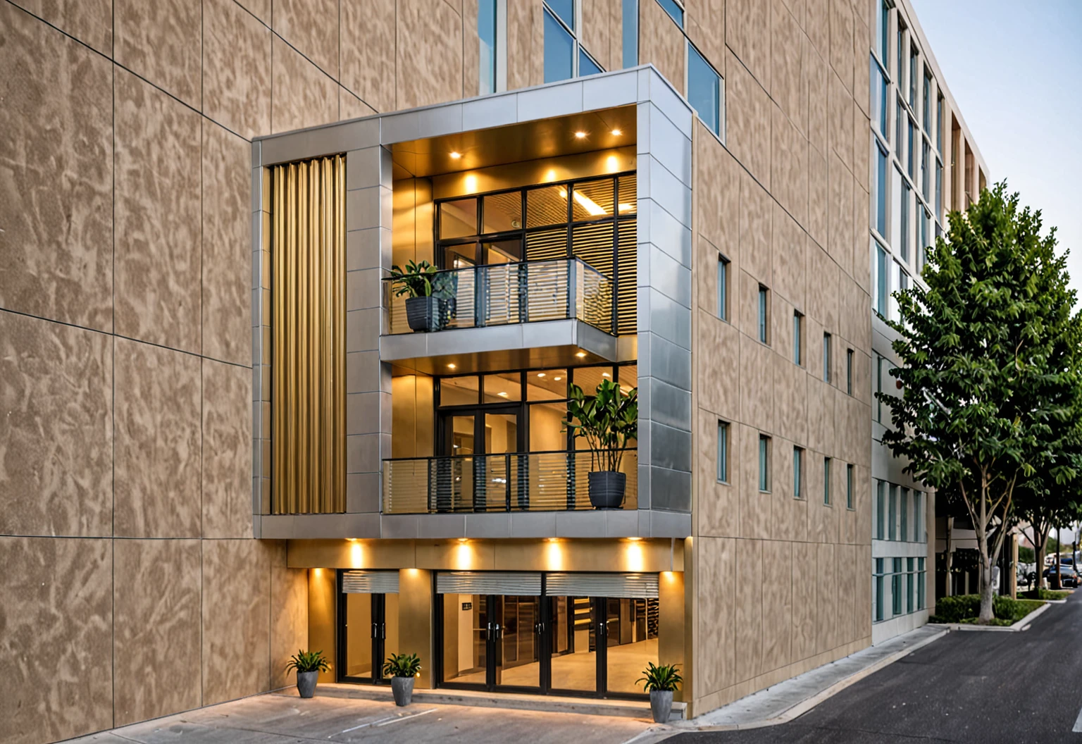 Raw photo,Masterpiece, high quality, best quality, authentic, super detail, modern style, aiaigroup,office building, decorative bars, decorative louvers, sun louvers, aluminum wall cladding, gold aluminum, glass railing,outdoors, tree, building, scenery, city, road, real world location, treet, window, balcony, glass railing, on the street, minimalist line, daylight, realistic