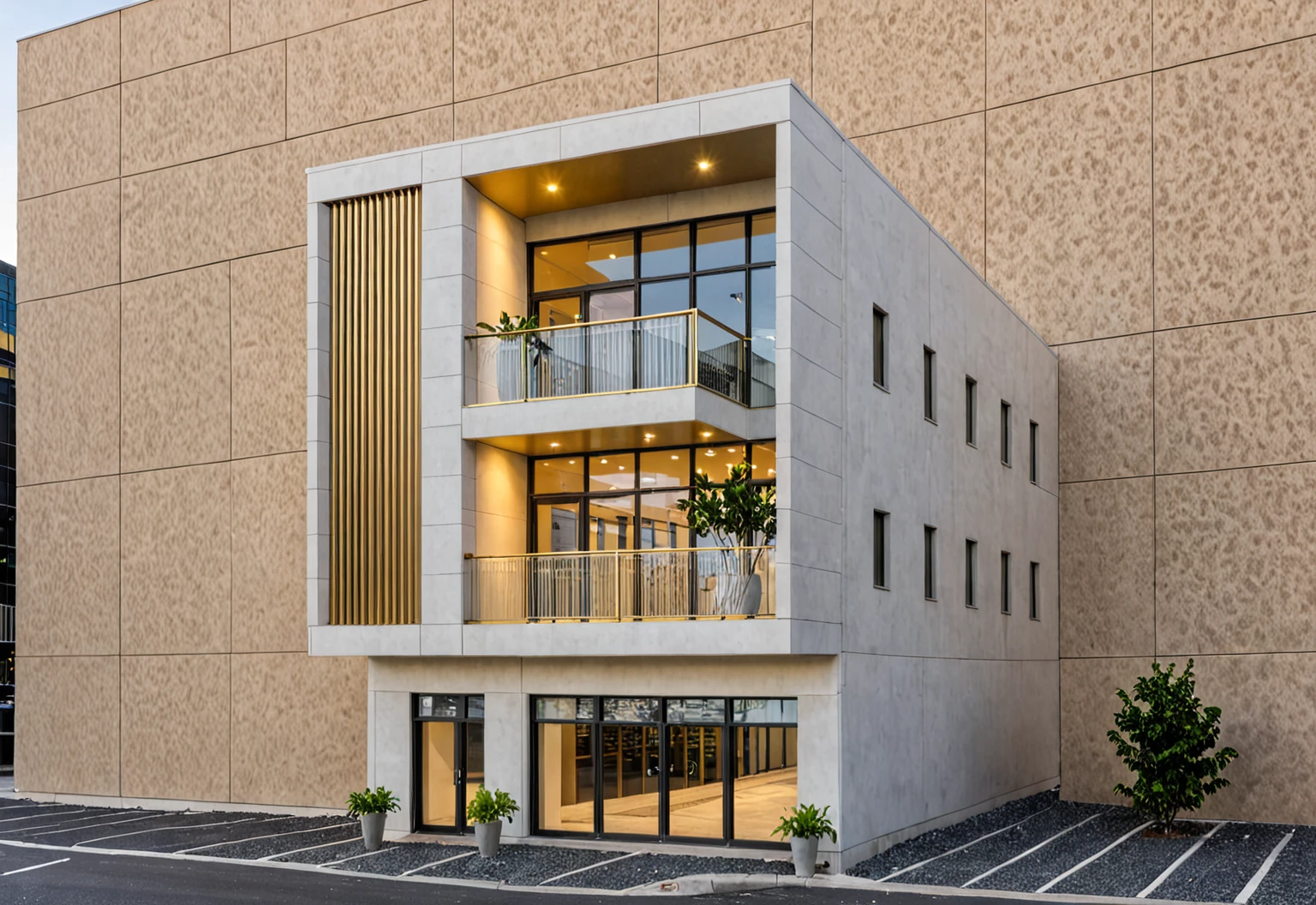 Raw photo,Masterpiece, high quality, best quality, authentic, super detail, modern style, aiaigroup,office building, decorative bars, decorative louvers, sun louvers, aluminum wall cladding, gold aluminum, glass railing,outdoors, tree, building, scenery, city, road, real world location, treet, window, balcony, glass railing, on the street, minimalist line, daylight, realistic