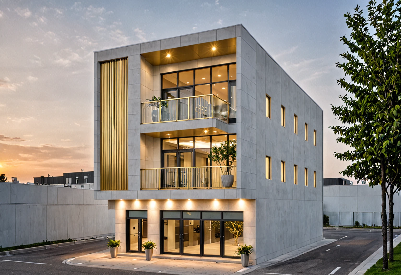 Raw photo,Masterpiece, high quality, best quality, authentic, super detail, modern style, aiaigroup,office building, decorative bars, decorative louvers, sun louvers, aluminum wall cladding, gold aluminum, glass railing,outdoors, tree, building, scenery, city, road, real world location, treet, window, balcony, glass railing, on the street, minimalist line, daylight, realistic