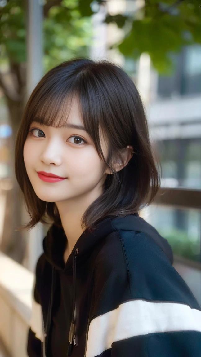 Highest quality, Real stick, Very detailed, finely, High resolution, In 8K、wallpaper, Perfect dynamic composition, Beautiful and beautiful eyes, Black hoodie, Bob Hair, Medium Hair, bangs, Black-haired, Center of chest, Natural color lip, The body is facing forward,smile,Tower apartment