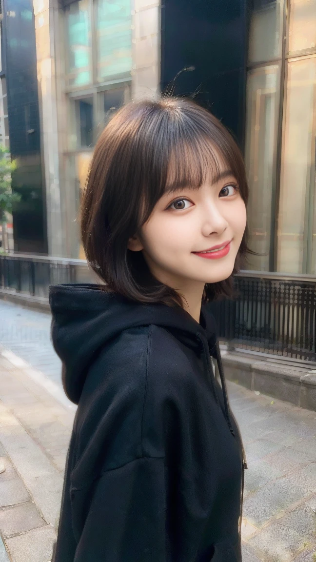 Highest quality, Real stick, Very detailed, finely, High resolution, In 8K、wallpaper, Perfect dynamic composition, Beautiful and beautiful eyes, Black hoodie, Bob Hair, Medium Hair, bangs, Black-haired, Center of chest, Natural color lip, The body is facing forward,smile,Tower apartment