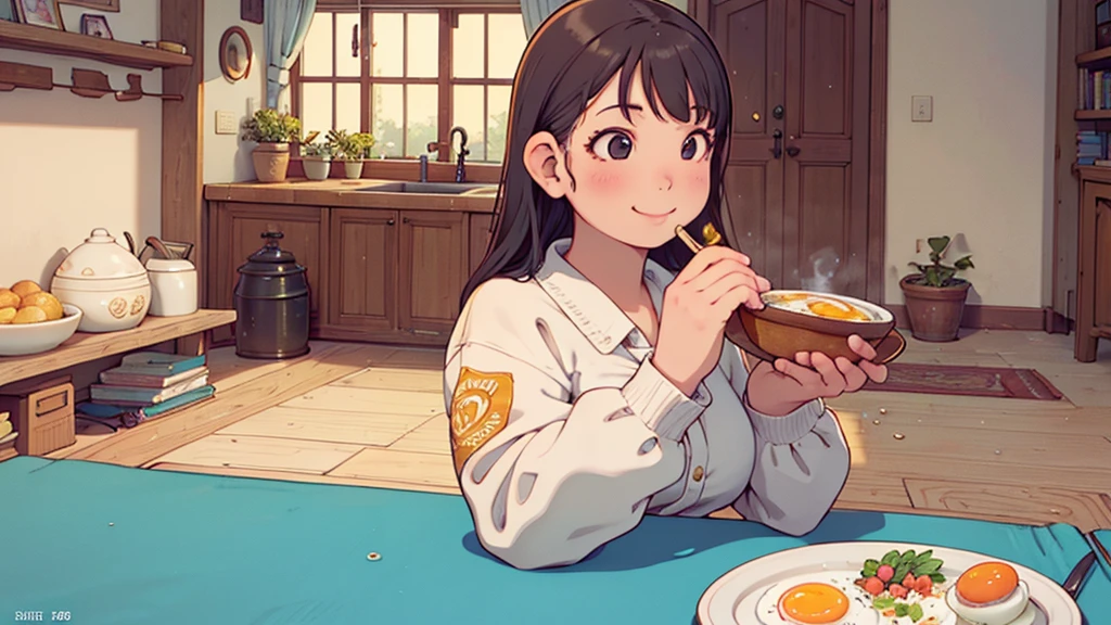 8k, {best quality}, {very aesthetic}, {ultra-detailed}, {best illustration}, high school girl, An exquisite living room bathed in the morning sun, {breakfast},　Fried egg,　{A big smile},　Eat deliciously, comical,