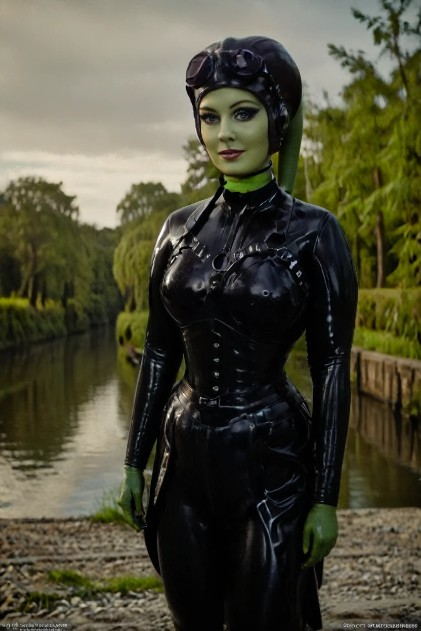 black latex , cinematic film still hera syndulla, (green skin:1.2), grin at canal, full body shot, highly detailed environment . shallow depth of field, vignette, highly detailed, high budget Hollywood movie by baz luhrmann, bokeh, cinemascope, moody, epic, gorgeous, film grain, grainy
