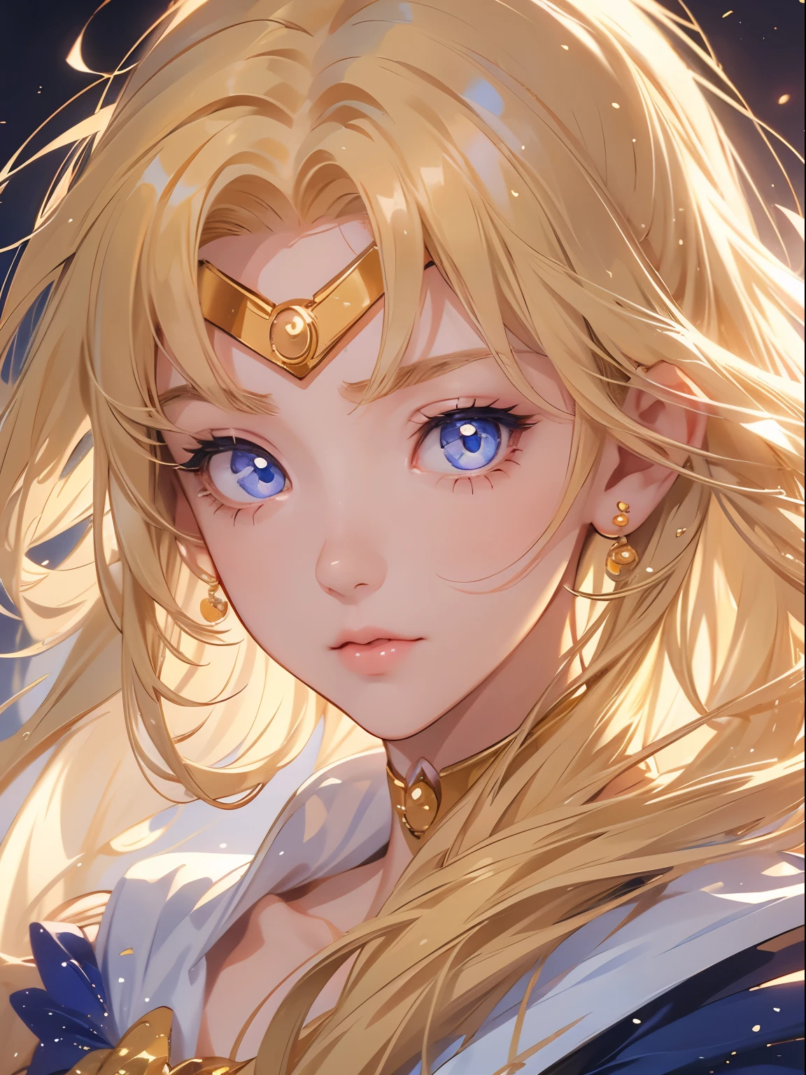 sailor moon, 1 girl, blonde hair, long hair, blue eyes, detailed eyes, single focus, single background, female focus, alone, standing, usagi tzukino, portrait,, (Masterpiece:1.0), (best quality:1.0 ), (8k wallpaper:1.0), (detailed beautiful face:1.0), (detailed deep eyes), deep eyes, looking at the viewer,