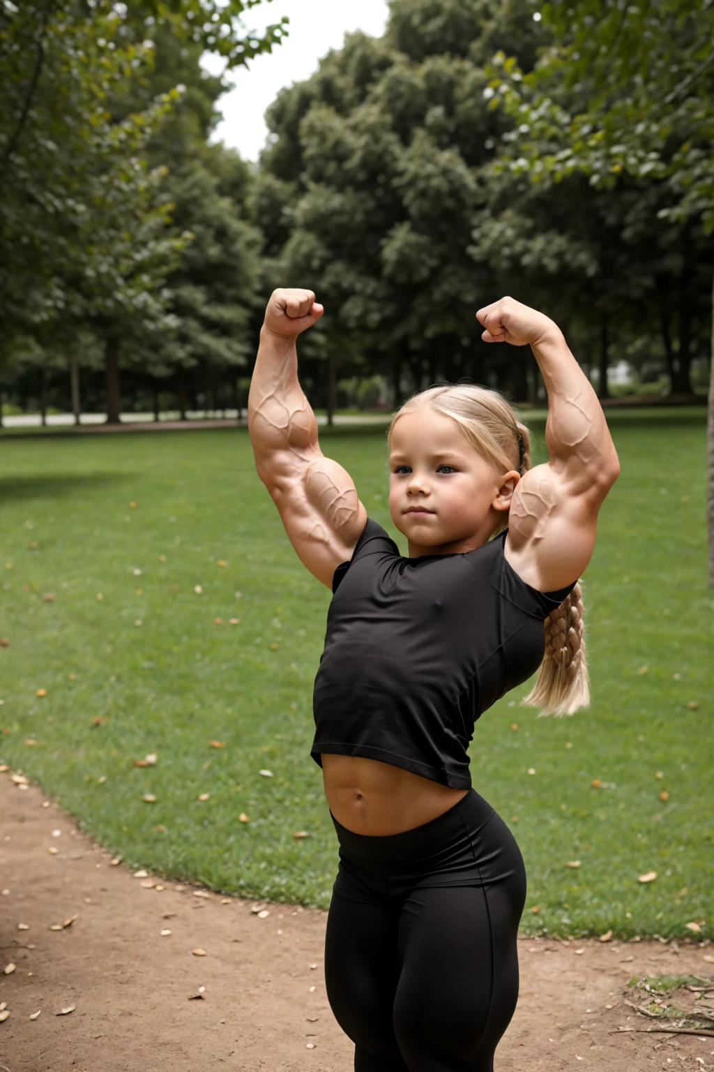 extreme muscular 8  children bodybuilder girl, long blonde hair, in a park, leggings, cotton tshirt