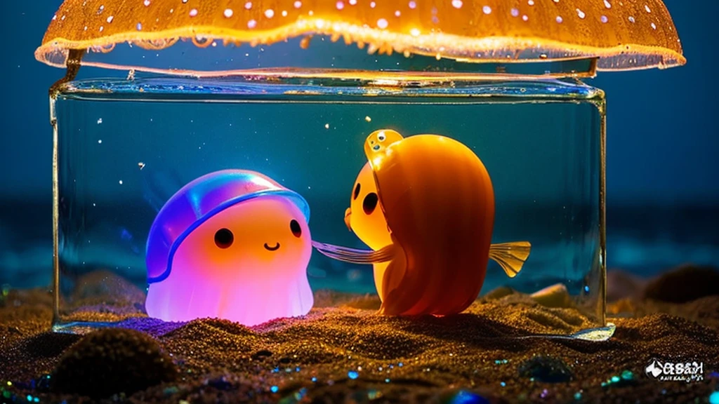 a sad looking jellyfish sitting on top of a sandy beach staring at a mini plastic sack of trash, blue jellyfish, blue transparent jelly, bioluminiscent creature, jellyfish, cute! c4d, jellyfish god, cute toy, cute pictoplasma, jelly, bioluminescent jellyfish, still from a 2001 pixar movie, cyberpunk jellyfish, adorable glowing creature, jelly glow