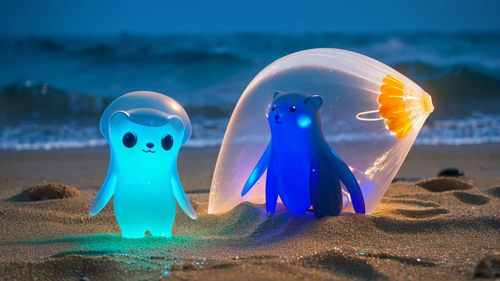 a sad looking jellyfish sitting on top of a sandy beach staring at a mini plastic sack of trash, blue jellyfish, blue transparent jelly, bioluminiscent creature, jellyfish, cute! c4d, jellyfish god, cute toy, cute pictoplasma, jelly, bioluminescent jellyfish, still from a 2001 pixar movie, cyberpunk jellyfish, adorable glowing creature, jelly glow