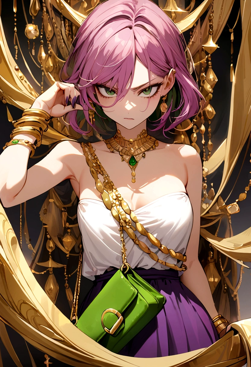 Girl with short purple-pink hair, dark green eyes, purple strapless dress, white t-shirt inside, wearing many gold bracelets, green handbag, sly face