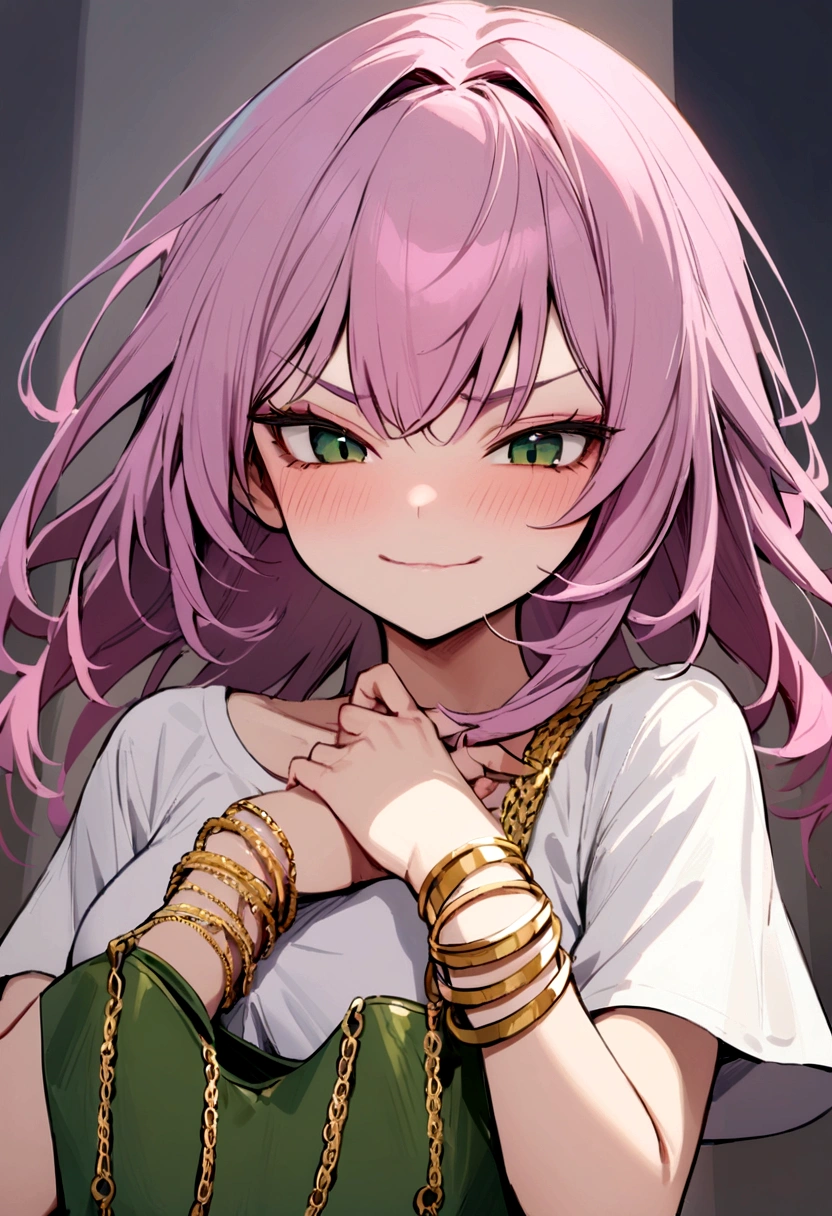 Girl with short purple-pink hair, dark green eyes, purple strapless dress, white t-shirt inside, wearing many gold bracelets, green handbag, sly face