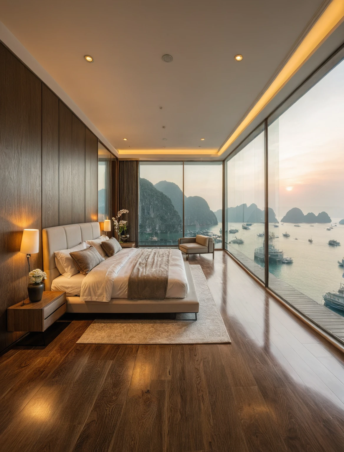 Raw photo,Masterpiece, high quality, best quality, authentic, super detail, interior, indoors, ((bedroom style modern luxury)), view sea halong bay , sunset, day light, bed, lamp, carpet, bedside cabinets, flower vase, wooden floor ,glass windows, downlight, armchair and tea table,