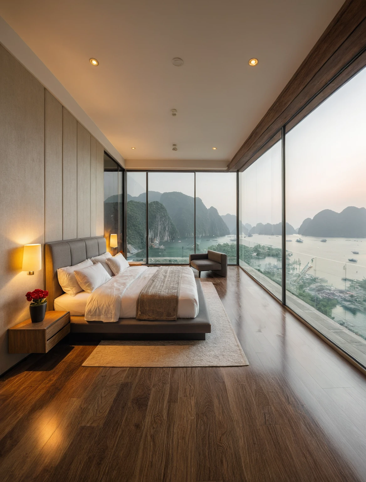 Raw photo,Masterpiece, high quality, best quality, authentic, super detail, interior, indoors, ((bedroom style modern luxury)), view sea halong bay , sunset, day light, bed, lamp, carpet, bedside cabinets, flower vase, wooden floor ,glass windows, downlight, armchair and tea table, 