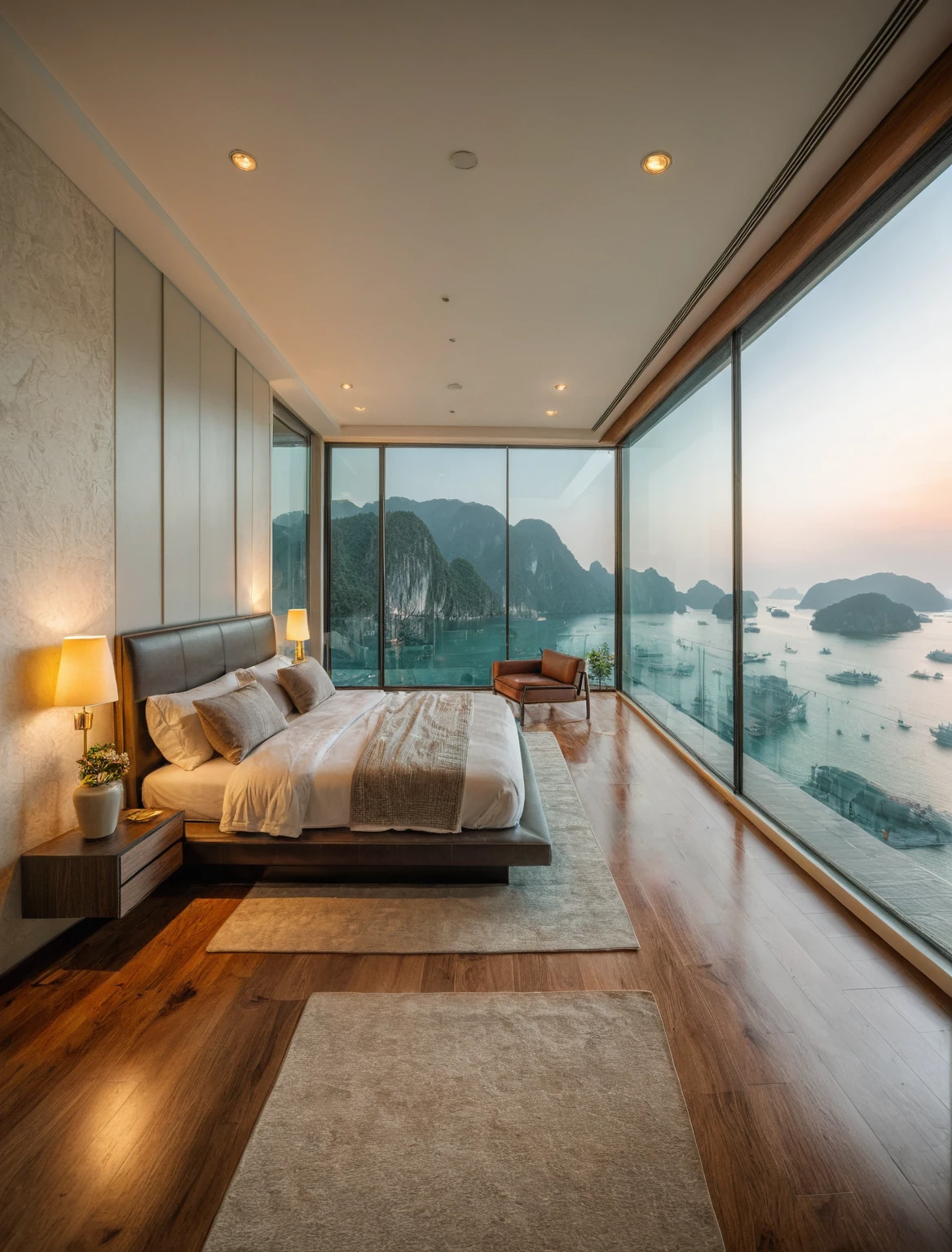 Raw photo,Masterpiece, high quality, best quality, authentic, super detail, interior, indoors, ((bedroom style modern luxury)), view sea halong bay , sunset, day light, bed, lamp, carpet, bedside cabinets, flower vase, wooden floor ,glass windows, downlight, armchair and tea table, 