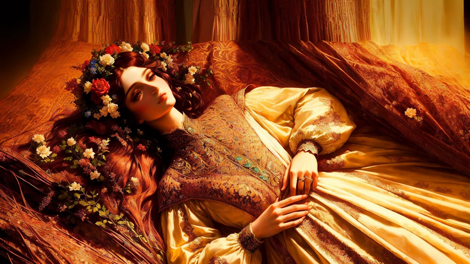 mulher arafa deitada em uma cama com um ramo de flores secas, renascentista outonal, beautiful languid princess, em estilo alto renascentista, Bela Adormecida fairytale, em uma mistura de estilo de botticelli, imperatriz outonal, em estilo renascentista, Pre-Raphaelite style, vestido colorido renascentista, inspirado em Georges de La Tour, Bela Adormecida, inspirado em Viktor Vasnetsov