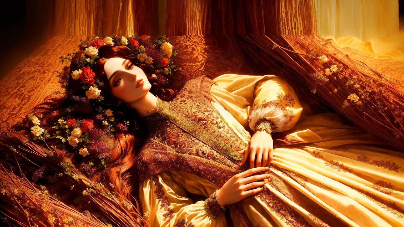 mulher arafa deitada em uma cama com um ramo de flores secas, renascentista outonal, beautiful languid princess, em estilo alto renascentista, Bela Adormecida fairytale, em uma mistura de estilo de botticelli, imperatriz outonal, em estilo renascentista, Pre-Raphaelite style, vestido colorido renascentista, inspirado em Georges de La Tour, Bela Adormecida, inspirado em Viktor Vasnetsov
