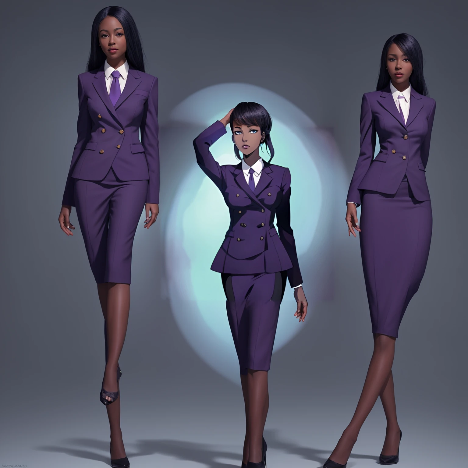 Black anime business woman in a purple skirt suit