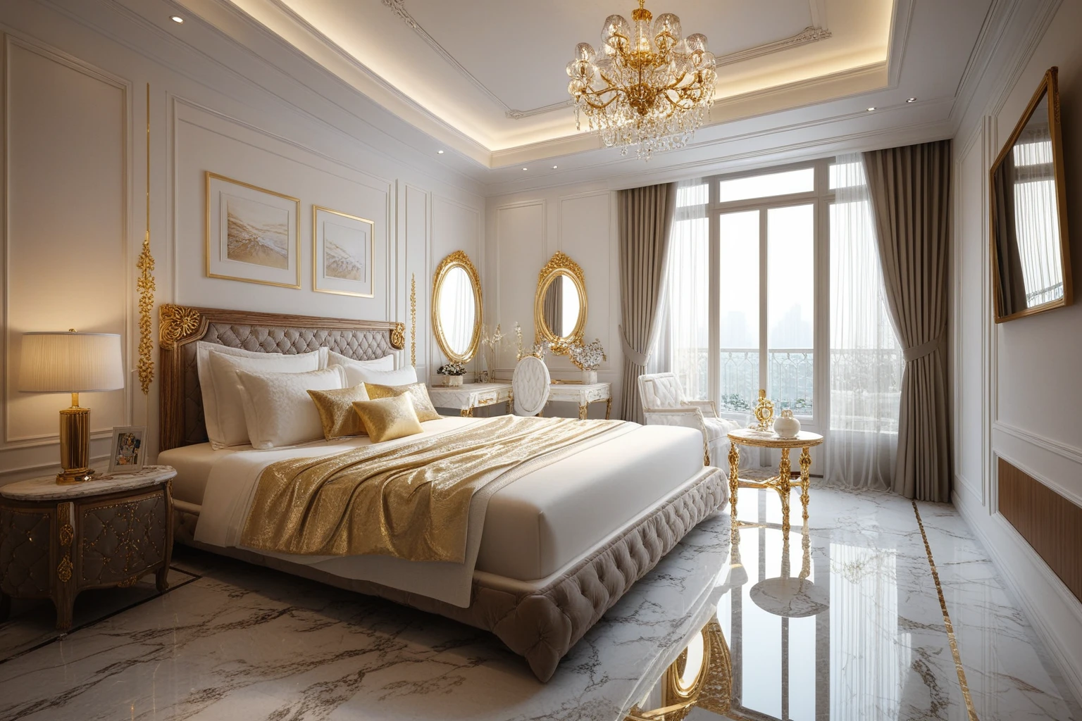 ,Masterpiece, Best quality,8K, Ultra-high resolution,When you step into the BED room  ,Immediately surrounded by a rich atmosphere of luxury. The space  was covered with a soft white fluffy blanket,It is so comfortable,So much so that you can't help but indulge in it。Embellished with precious porcelain and white-off gold ornaments。Whenever it is late afternoon,The afterglow from the window spilled on the floor,Soft light and shadow are reflected,It was as if entering a dreamland. ((Wooden chair and table : 1.3)), ((COLUMN MIRROR : 1.3))