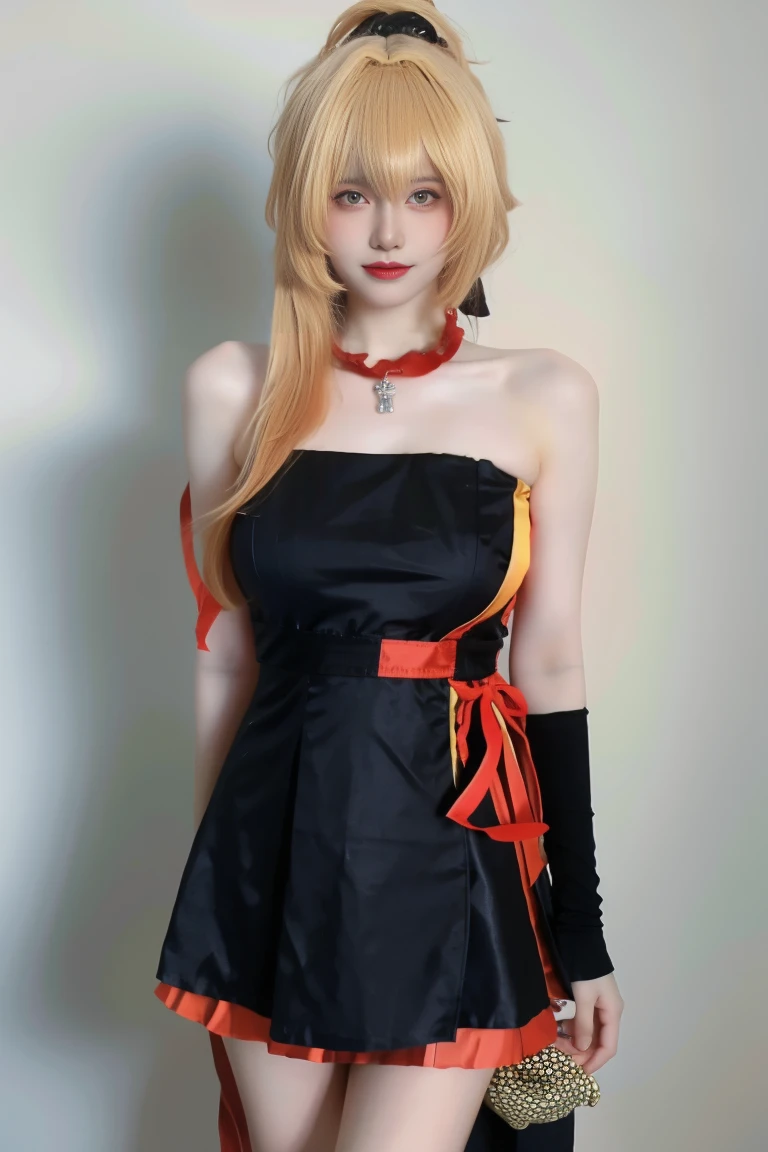 best quality, tmasterpiece,Ultra-high resolution,Clear face,(Reality:1.4),ferpect lighting,(upper body shot:1.5), (photorealistic:1.50), anime wallpaper, Guviz style artwork, cover-up fantasy up to magic , by Yang J, Guviz, beautiful artwork illustration, beautiful digital artwork, beautiful digital illustration, Li Song, beautiful anime portrait, art style in Beauvot,1girl, solo, long hair, blonde hair, Ponytail hair, Hair ribbon, Red ribbon, Bangs, hair ornament, (black dress:1.3), short dress, Thigh, standing,