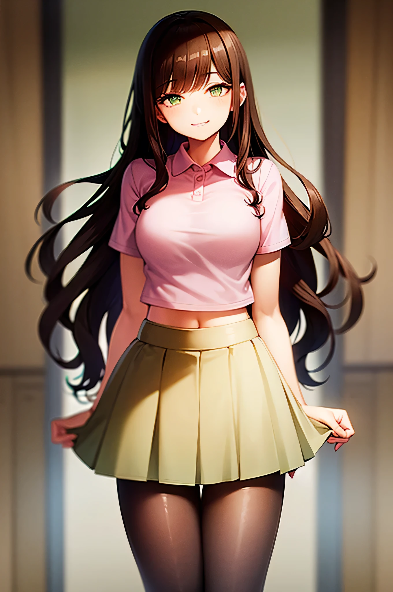 Cute trans girl, green eyes, waist length wavy dark brown hair, fair skin, smiling, C+ cup breasts, bit wide hips, 1,61cm height, wearing a pink polo top and a light pastel peach color pleated skirt, penis bulge in the skirt.