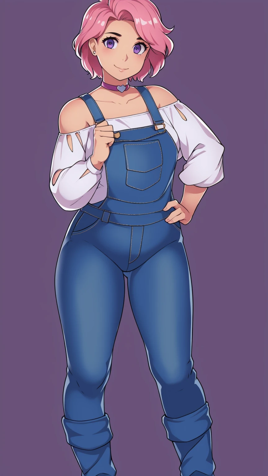 Full body, looking at viewer, 1girl, solo, short pink hair, (dark blue choker), (dark blue denim overalls), (purple eyes), (pink boots), (white shoulder lantern sleeve blouse, tucked in pants