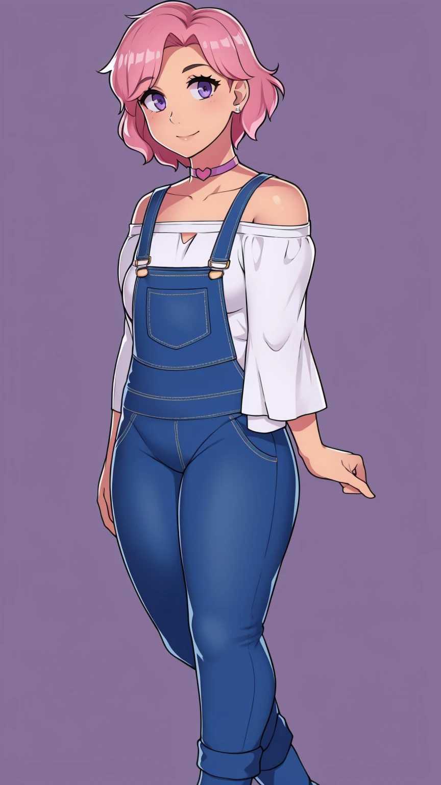 Full body, looking at viewer, 1girl, solo, short pink hair, (dark blue choker), (dark blue denim overalls), (purple eyes), (pink boots), (white shoulder lantern sleeve blouse, tucked in pants