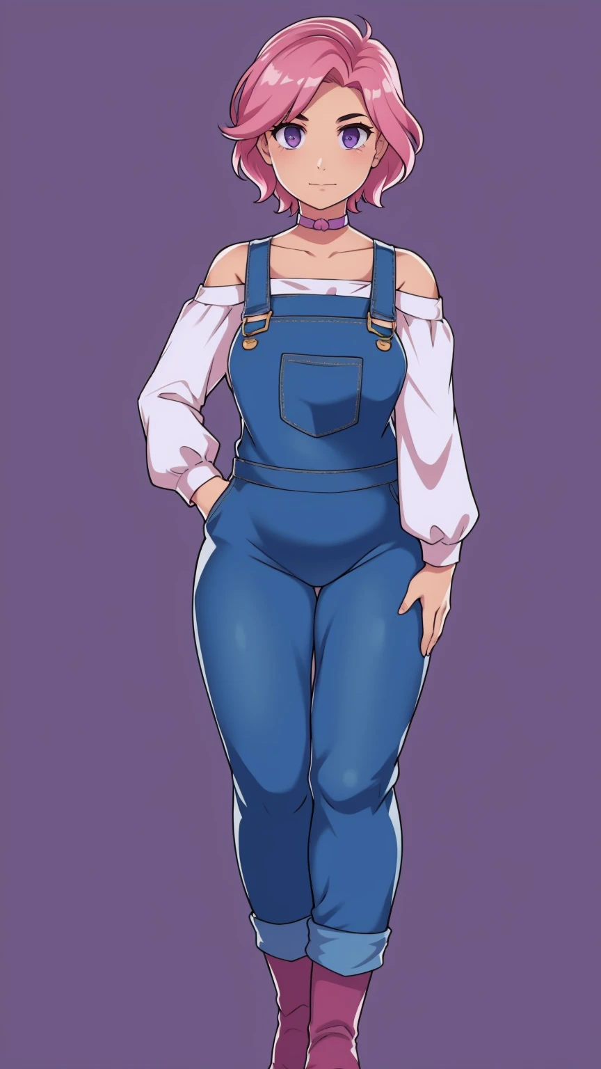 Full body, looking at viewer, 1girl, solo, short pink hair, (dark blue choker), (dark blue denim overalls), (purple eyes), (pink boots), (white shoulder lantern sleeve blouse, tucked in pants